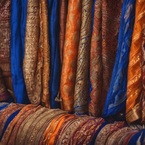 Ornate royal blue and orange silk sarees displayed in an Indian market.