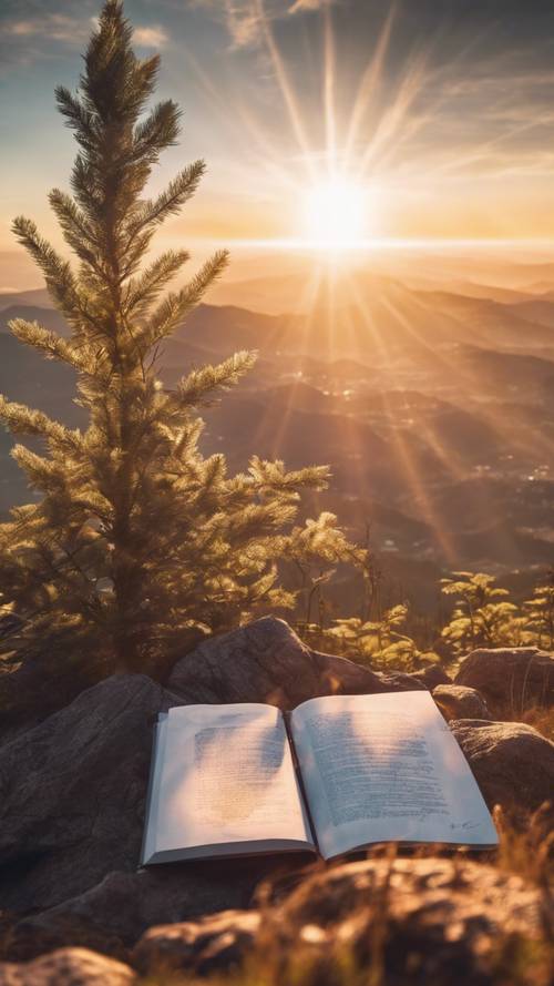 Una vista panorámica del atardecer desde la cima de una montaña, el destello de la lente forma una cita sobre la importancia de estudiar.