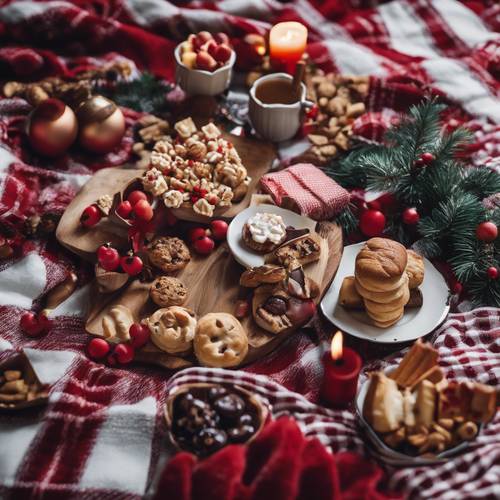 Um piquenique de Natal em ambiente fechado com guloseimas festivas vibrantes espalhadas sobre um cobertor xadrez.