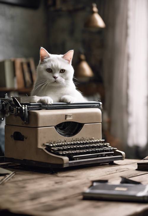 A serious looking, white British Shorthair cat sitting in front of an old typewriter on a weathered wood desk. Tapet [e784c8fbb2b042388cec]