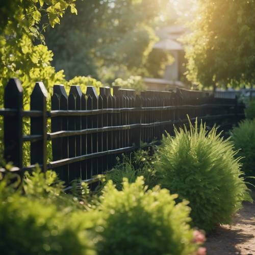 Black wooden fence enclosing a lush green garden, bathed in a soft afternoon sunlight. Tapet [437efd74b8ea4d0fb83f]