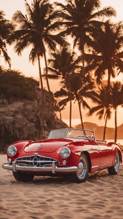 一辆 20 世纪 50 年代的时尚跑车，亮红色，顶篷敞开，停在日落时的海滩背景上