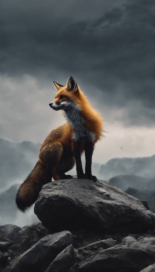 這是一個不祥的場景，一隻黑色剪影形狀的狐狸坐在岩石山脊上，面對著咆哮的暴風雨。