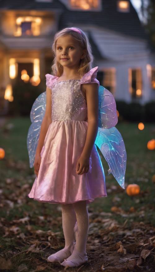 A young girl donned that in a fairy princess costume, her iridescent wings glowing under the light of the waxing moon as she approaches a house for trick-or-treating.