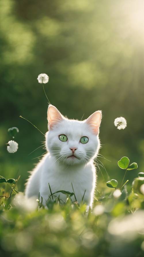 Pemandangan beruntung dari seekor kucing Kaadoo putih berkilau yang tengah gembira bermain dengan daun semanggi empat yang berguguran saat berlari di padang rumput pada pagi hari.