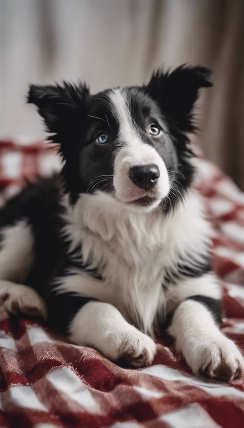 A sleepy border collie puppy yawning while lying on a checkered blanket.