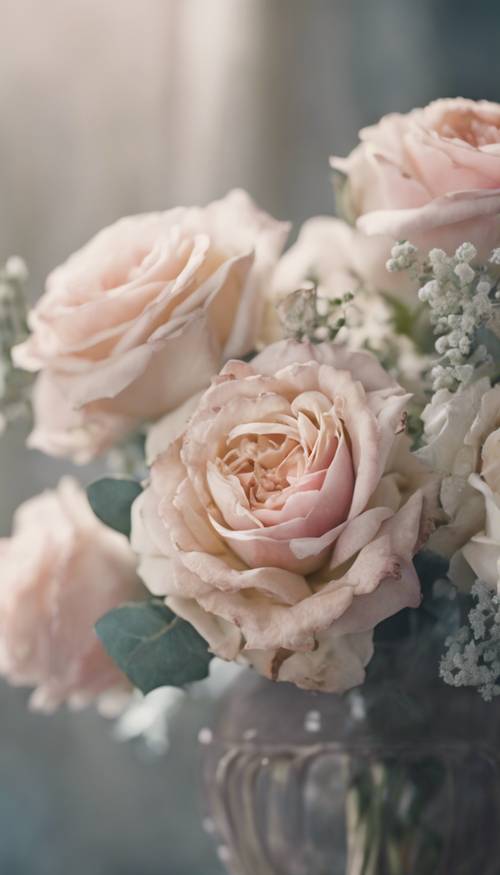 Một bó hoa thanh tao với những bông hồng sang trọng tồi tàn với màu sắc nhẹ nhàng