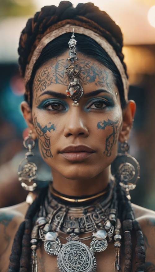 Um retrato em close de uma mulher com tatuagens faciais tribais vibrantes e adornada com intrincadas joias de prata.