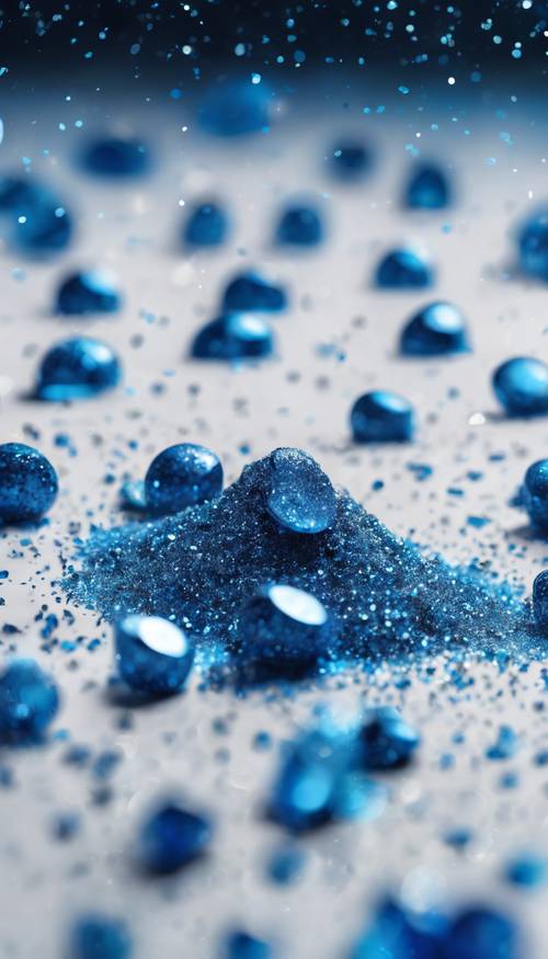 Una vibrante pila di glitter blu sparsi su una superficie bianca.