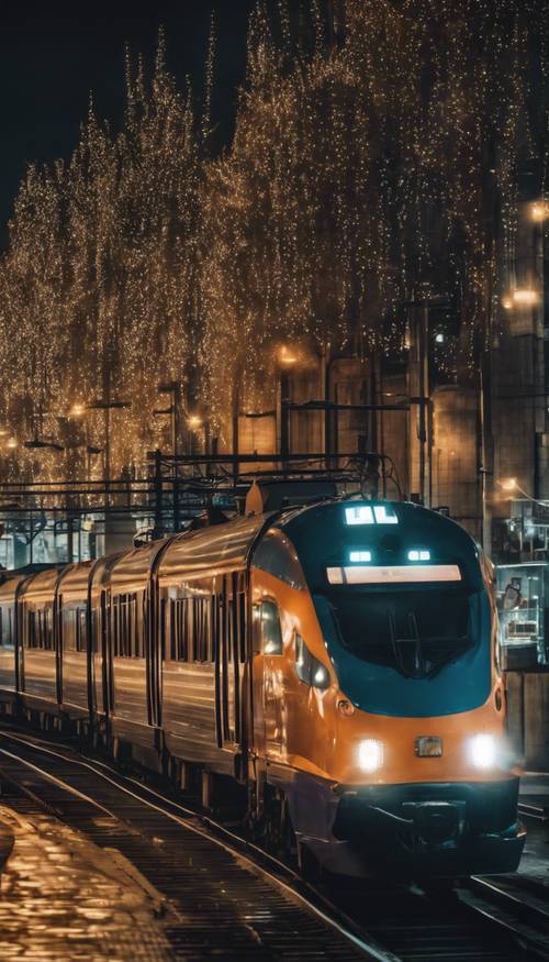 Pemandangan kereta api yang melakukan perjalanan melalui kota yang diterangi dengan cahaya yang tak terhitung jumlahnya pada malam yang tenang.
