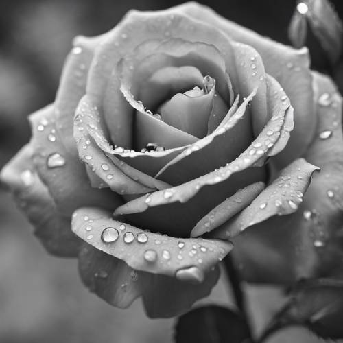 꽃잎에 이슬방울이 맺혀 있는 연한 회색 장미의 고요한 흑백 묘사입니다.