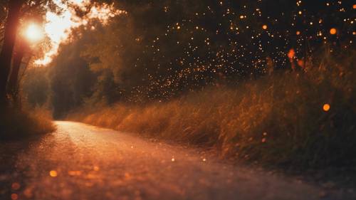 Un camino rural bañado por el cálido aura naranja del crepúsculo, con luciérnagas comenzando a revolotear.