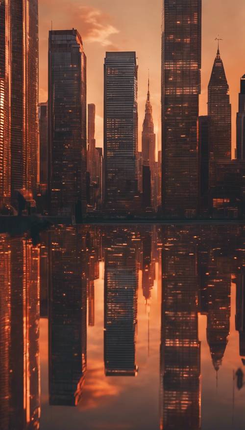 Uma cidade moderna visualizada durante o pôr do sol com as cores laranja brilhantes refletidas nos arranha-céus de vidro.