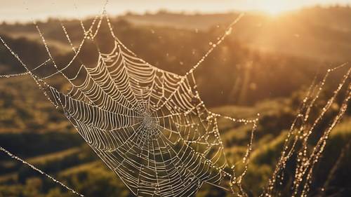 Um nascer do sol pitoresco sobre uma paisagem montanhosa, com uma teia de aranha coberta de orvalho matinal exibindo uma citação sobre estudo e sucesso.