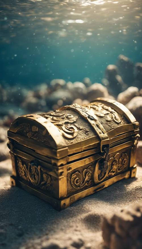 Starożytna złota skrzynia ze skarbami pod głębokim błękitem morza.