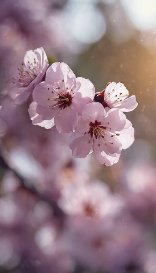 Un gros plan d&#39;une fleur de cerisier violette embrassée par la rosée dans la douce lumière du matin.
