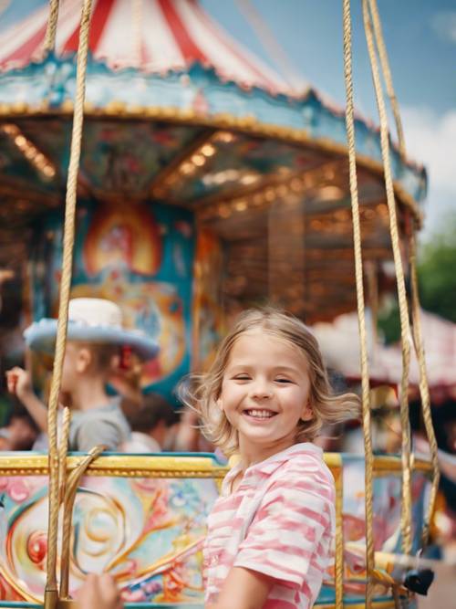 A photo capturing the joy of children enjoying a merry-go-round at a summer fair.