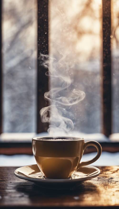 Un primer plano de una taza de café humeante, con el exterior nevado visible a través de la ventana.