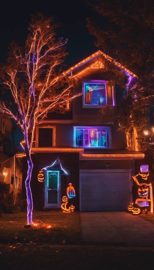Bir banliyö mahallesinde Cadılar Bayramı temalı neon ışık gösterisi&quot;.