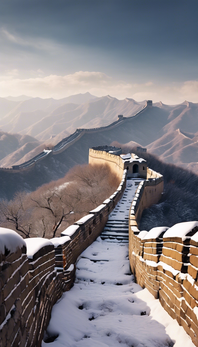 The Great Wall of China snaking its way along the mountain range, dusted with snow. Ταπετσαρία[98c3271bda8f4f479b80]