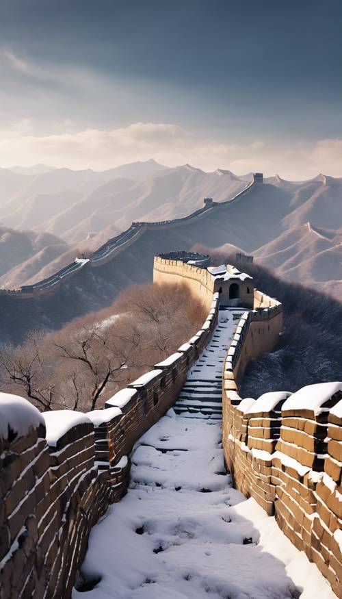 中国的长城蜿蜒延伸于山脉之间，山上覆盖着皑皑白雪。