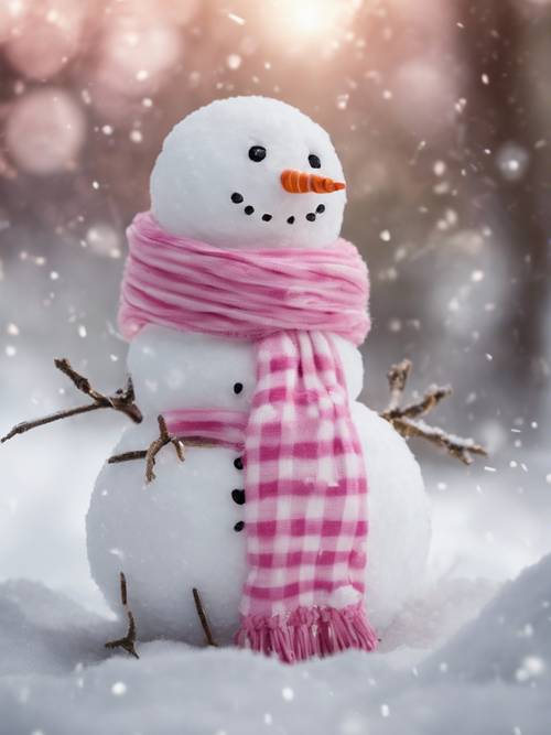 Шарф в розово-белую полоску обернут вокруг снеговика.