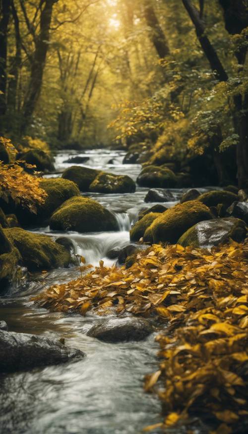Une rivière rugissante traversant une forêt dense remplie de feuilles dorées et vertes.