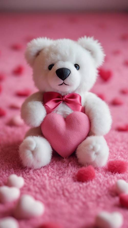 Pembe kürk halının üzerinde kırmızı bir kalp tutan küçük beyaz bir oyuncak ayı.