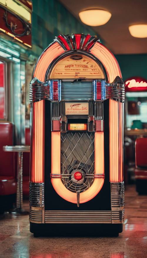 Uma jukebox clássica revestida de cromo no canto de um restaurante dos anos 1950, tocando rock and roll.