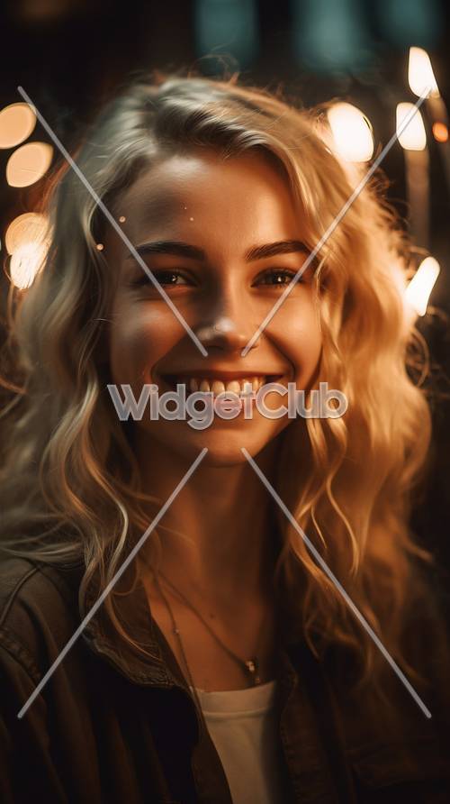 Smiling Woman with Sparkling Lights