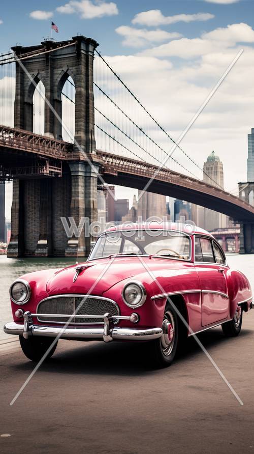 赤い古典車とブルックリン橋の壁紙