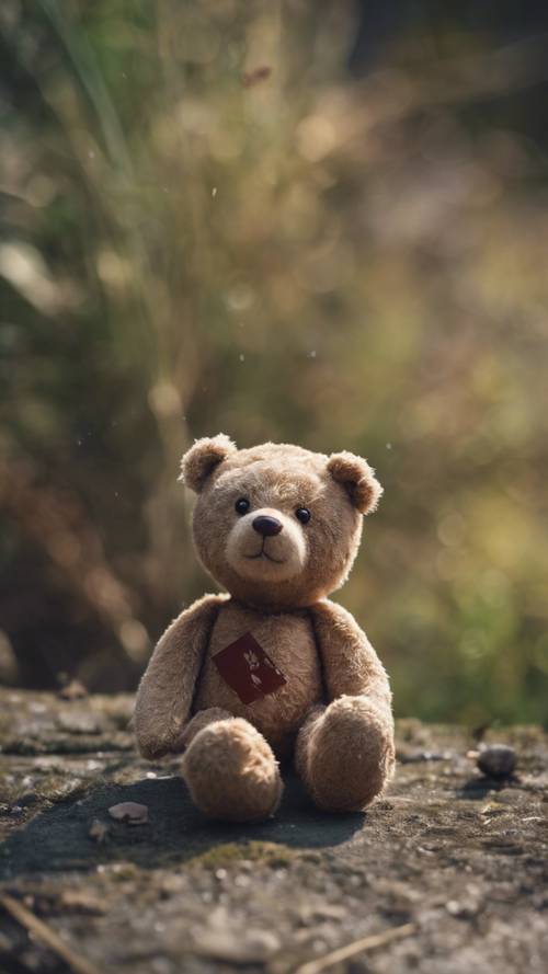 Boneka beruang usang dengan satu mata hilang, pertanda mainan masa kecil yang sangat digemari.