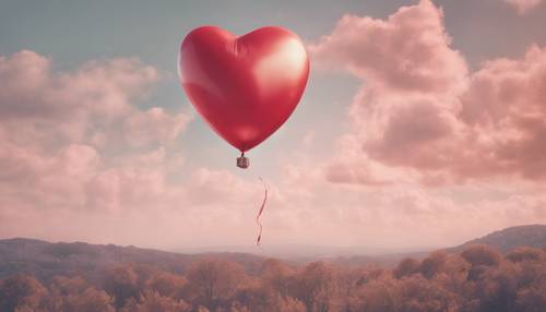 Un globo de corazón rojo pastel flotando en el cielo.
