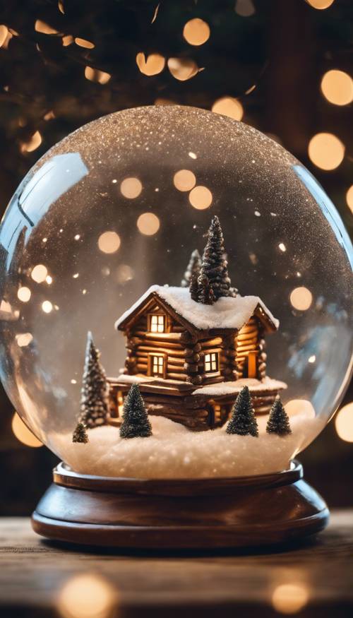 A swirling snow globe featuring a brown log cabin with Christmas lights.