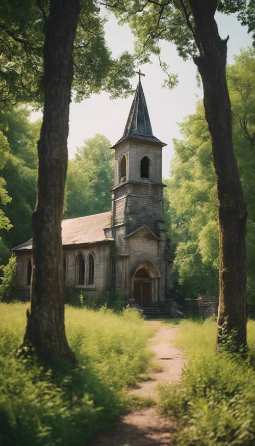 Uma antiga igreja rústica cercada por árvores verdejantes.