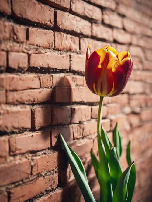 The shadow of a tulip on a brick wall.