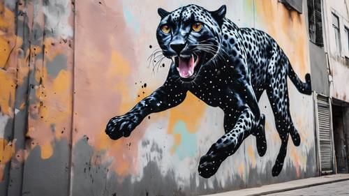 Mural seni jalanan trendi yang menggambarkan seekor cheetah hitam sedang berlari, bintik-bintiknya membentuk cetakan yang memukau.