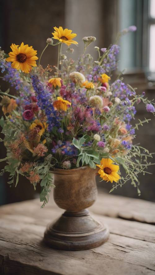 A bohemian-inspired bouquet of flowers with colorful wildflowers in a rustic vase.