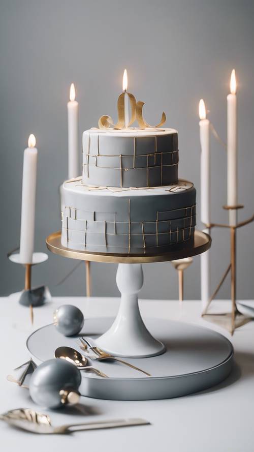 Temiz beyaz bir masa düzeni üzerinde geometrik süslemelerle süslenmiş şık, metalik gri bir pastanın yer aldığı minimalist bir doğum günü kutlaması.