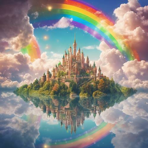 Un horizonte mágico de un reino de cuento de hadas situado sobre las nubes con puentes de arcoíris.