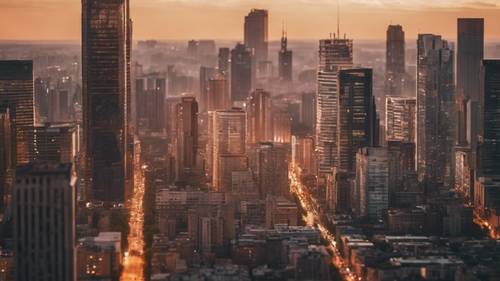 A September cityscape with skyscrapers illuminated by the setting sun