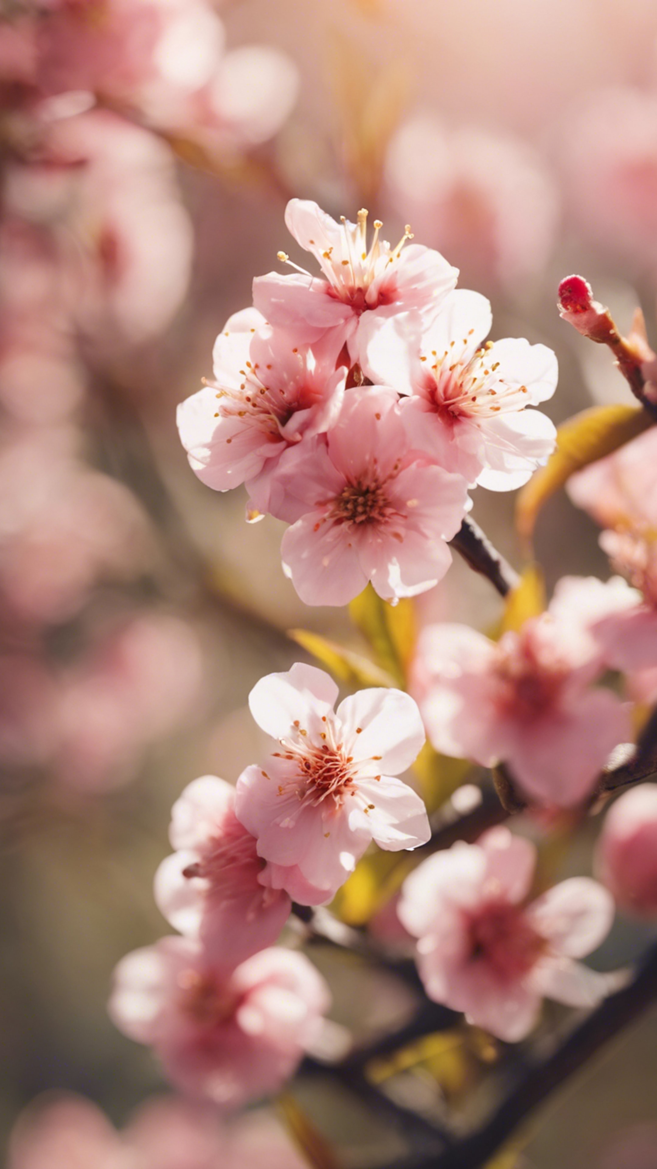 A close-up of happy peach flowers blooming cheerfully on a sunny spring day. Tapeta[9ab03d009b524efe8bfb]