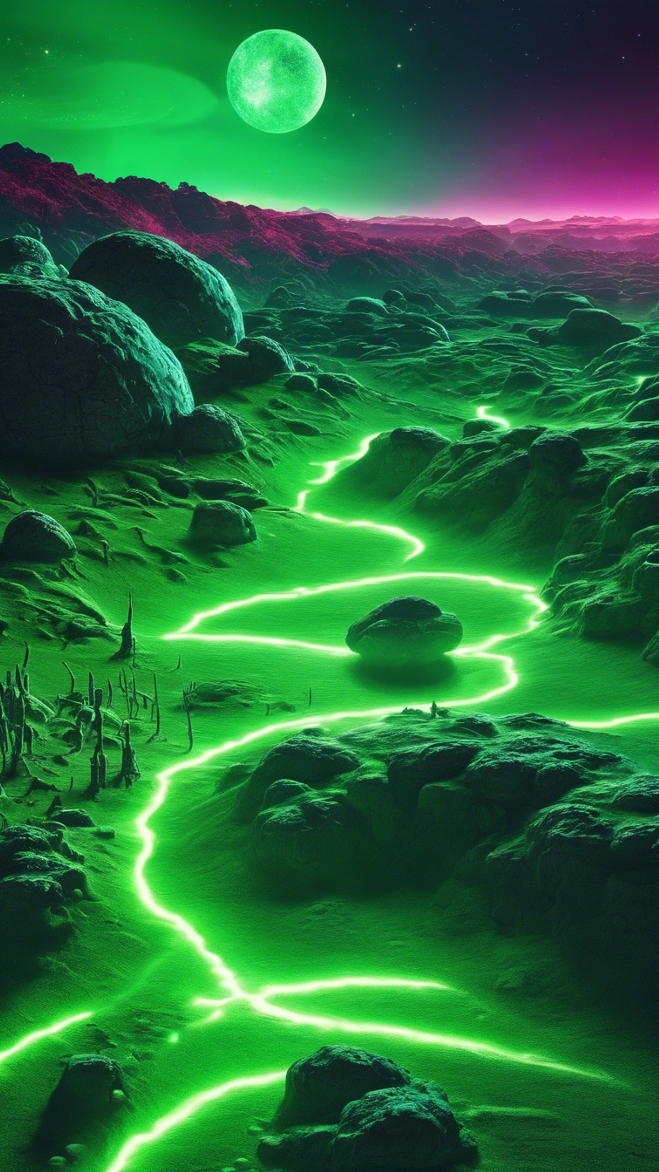 An alien planet landscape illuminated with cool neon green light. Tapeet[c1d7fd56055c47ca89e3]