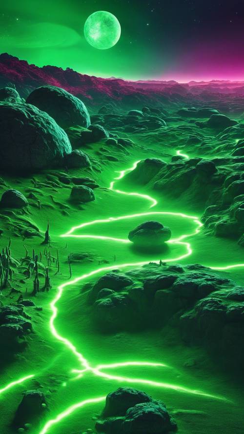 An alien planet landscape illuminated with cool neon green light.