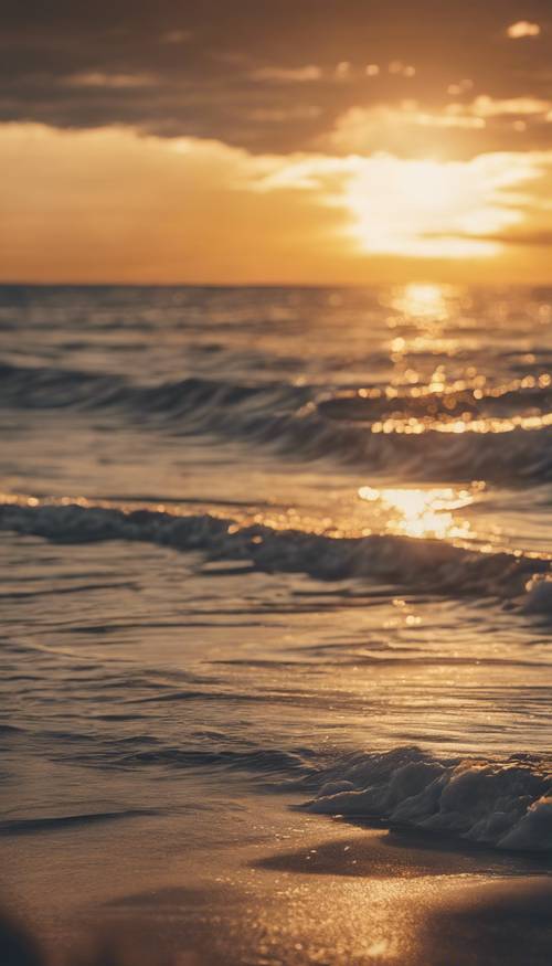 พระอาทิตย์สีทองที่ขอบฟ้าเหนือมหาสมุทรอันเงียบสงบ วอลล์เปเปอร์ [fc530784903e4e5089f9]