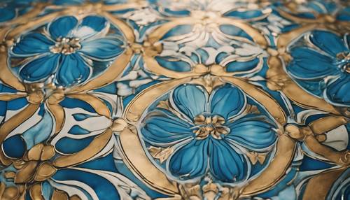 Art nouveau floral tiles adorning the floor of a lavish flat, resplendent in shades of cerulean blue and subtle gold. Tapeta [5de9c4b42d0b445e9aad]