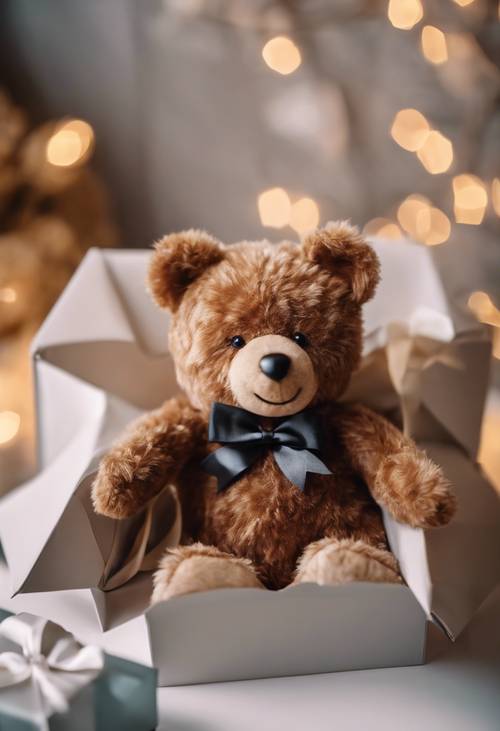Ein Bild eines braunen Teddybären, der in einer wunderschön verpackten Schachtel als Geschenk überreicht wird.