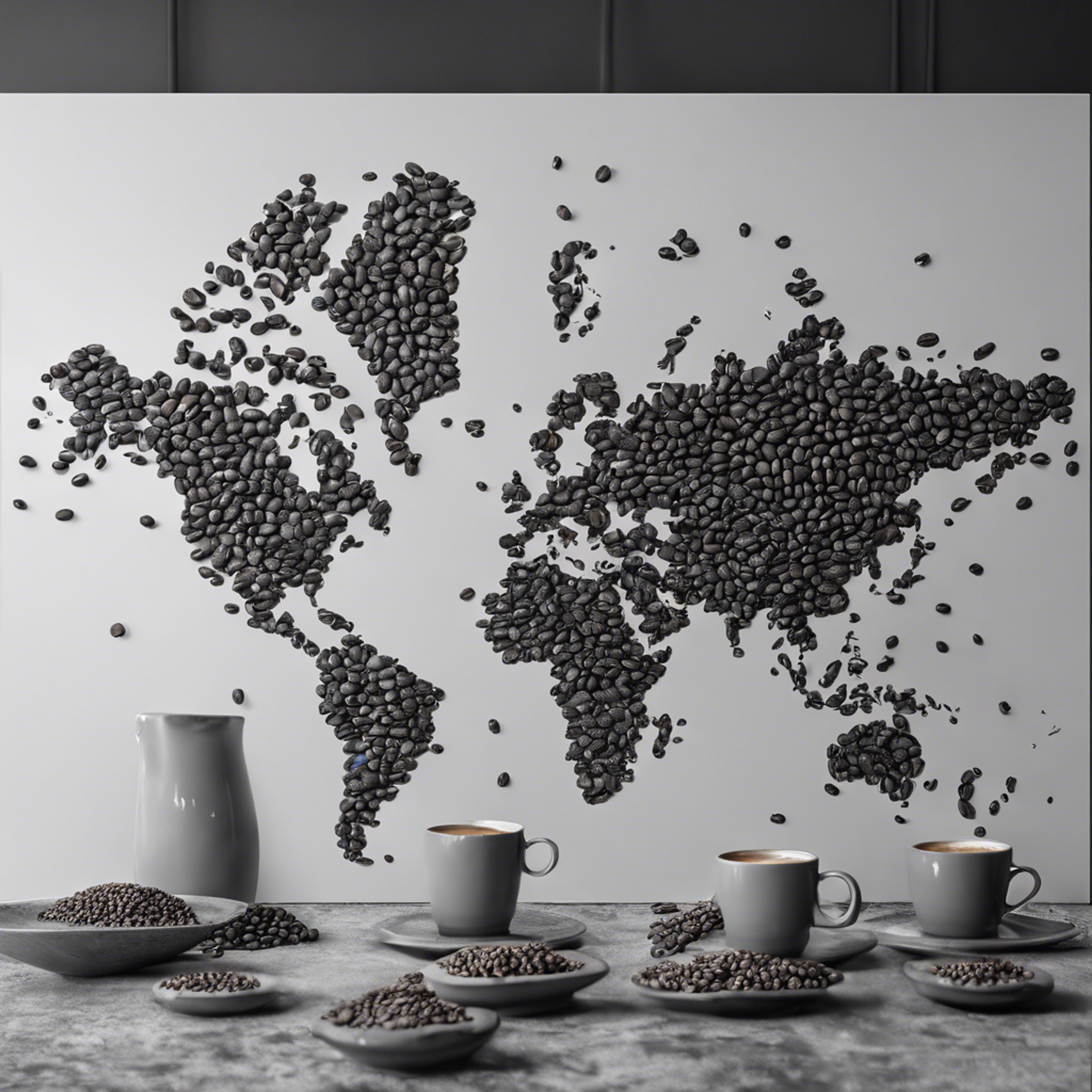 A grayscale world map laid out with coffee beans on a cafe table. Tapet[a42175c9d73a43528667]