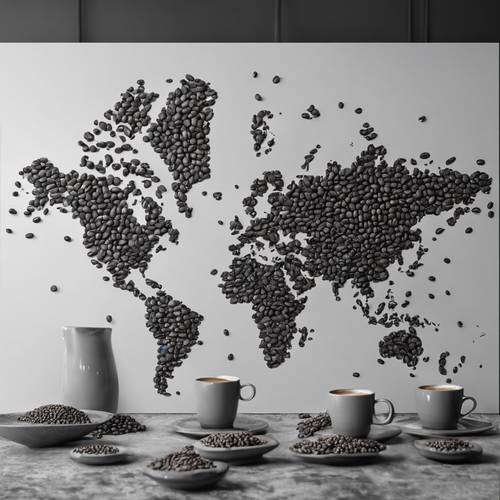 Um mapa-múndi em tons de cinza apresentado com grãos de café em uma mesa de café.