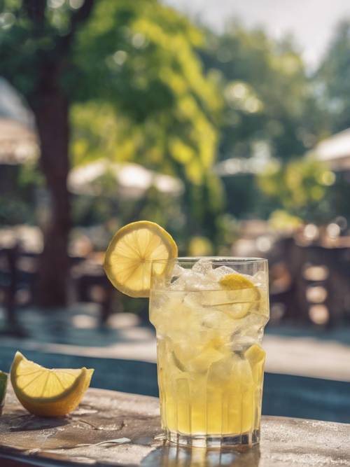 Um copo de limonada gelada suando no calor de um dia de julho.